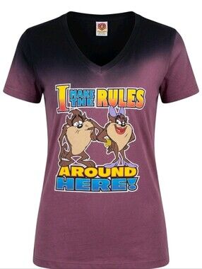 RARE VTG Warner Bros. Plum to Black Gradient V-Neck Tee with Taz & Lola Graphic